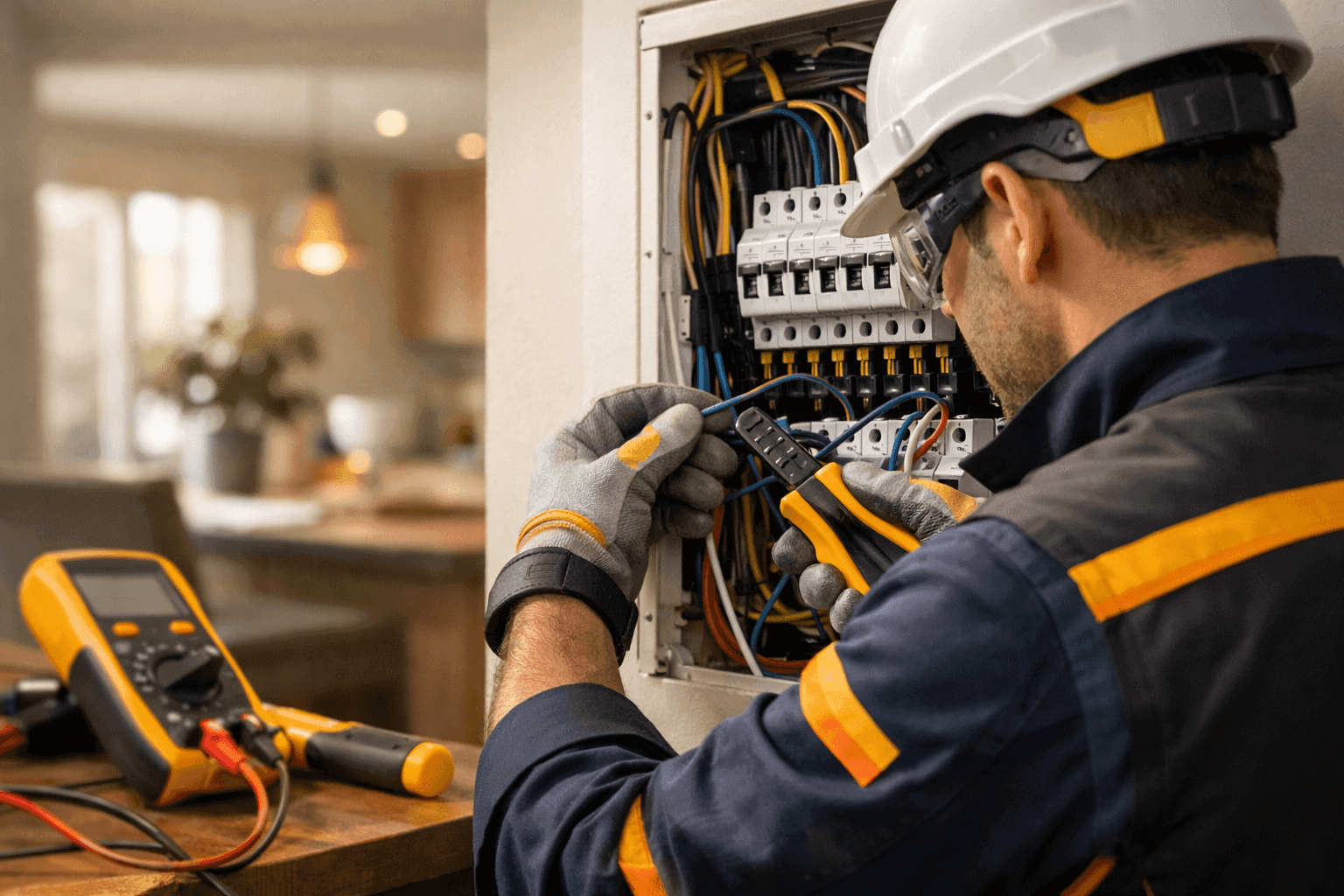 Residential electrician wearing safety gear working on wiring inside a clean electrical panel.