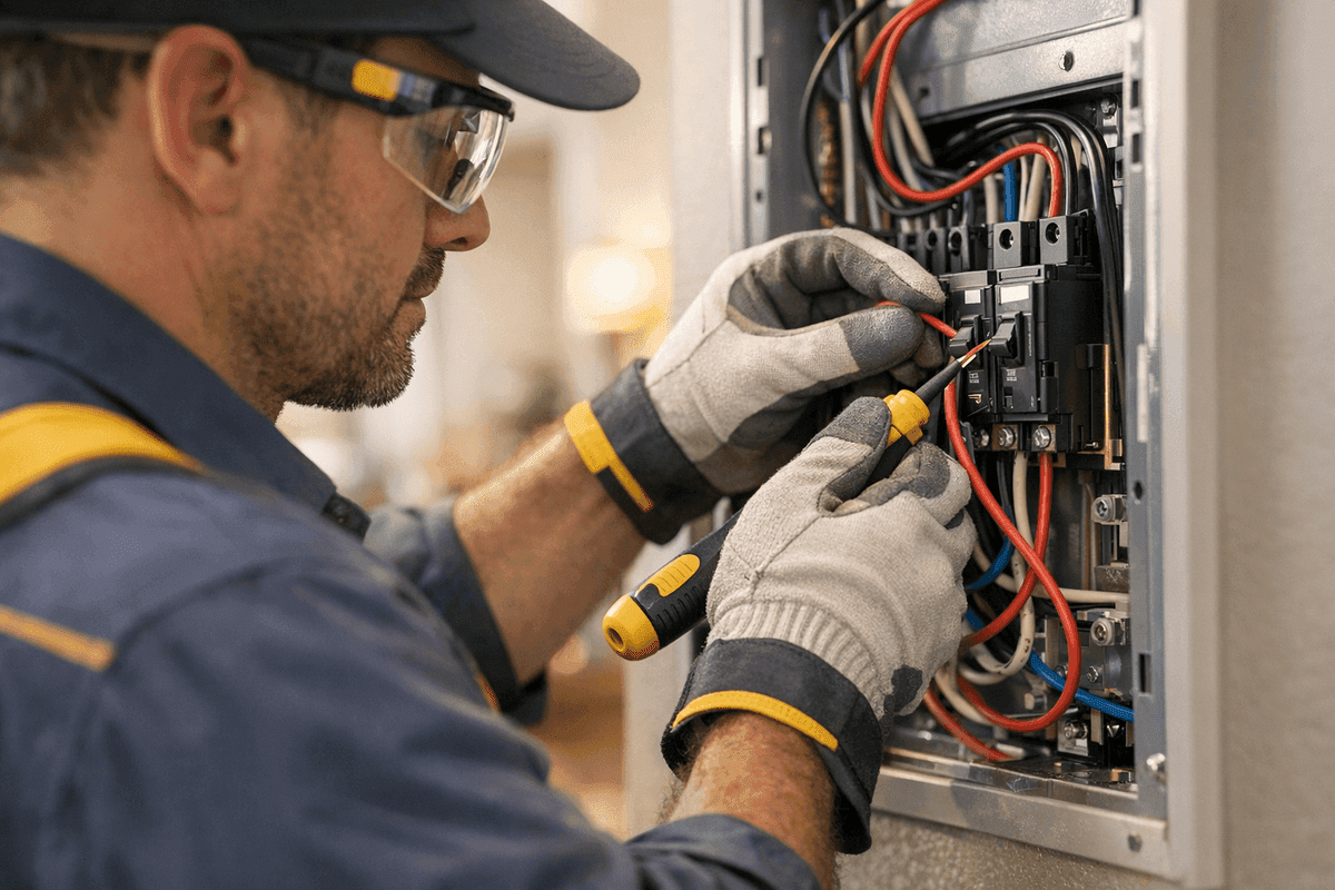 Close-up of electrician’s gloved hands wiring an electrical panel in a modern home.