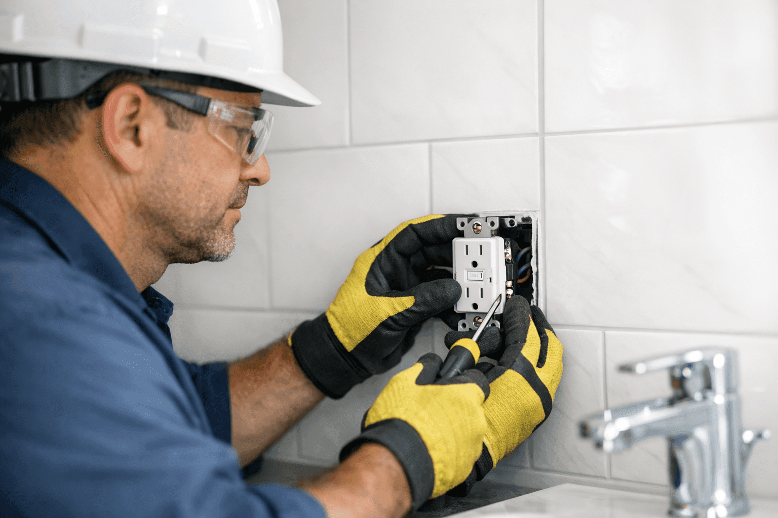 Electrician installing a GFCI outlet in a bathroom