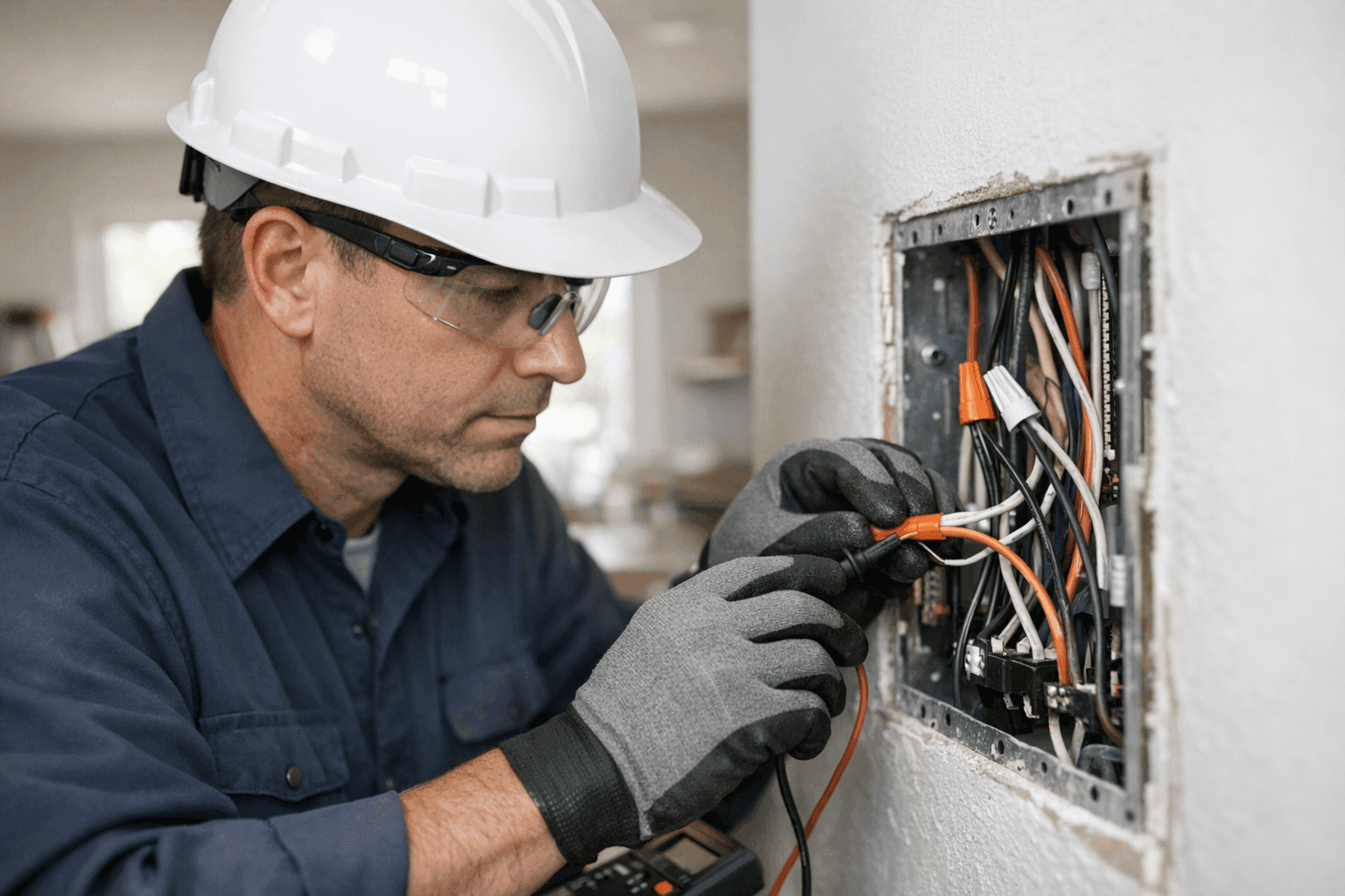Electrician checking wiring for code compliance in a home