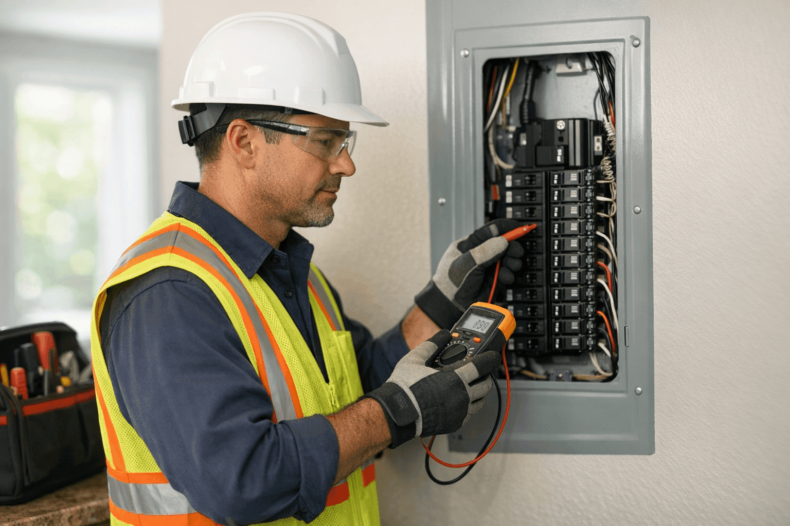 Electrician performing routine maintenance on a home system