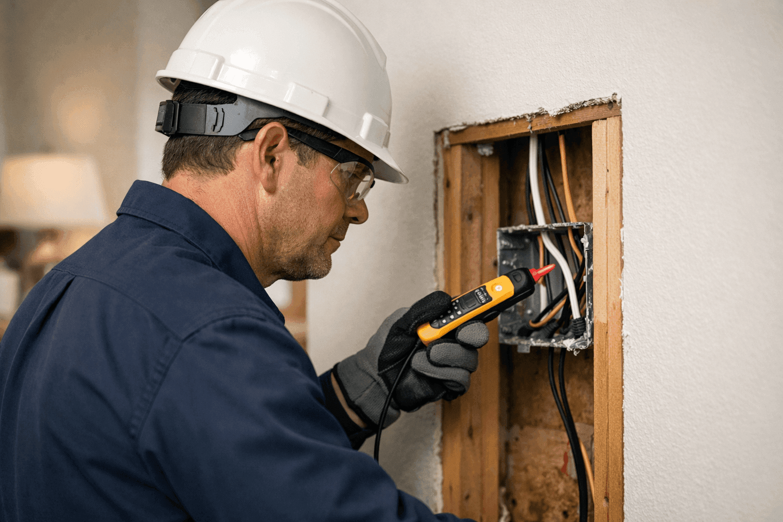 Electrician using a tester to check hidden home wiring