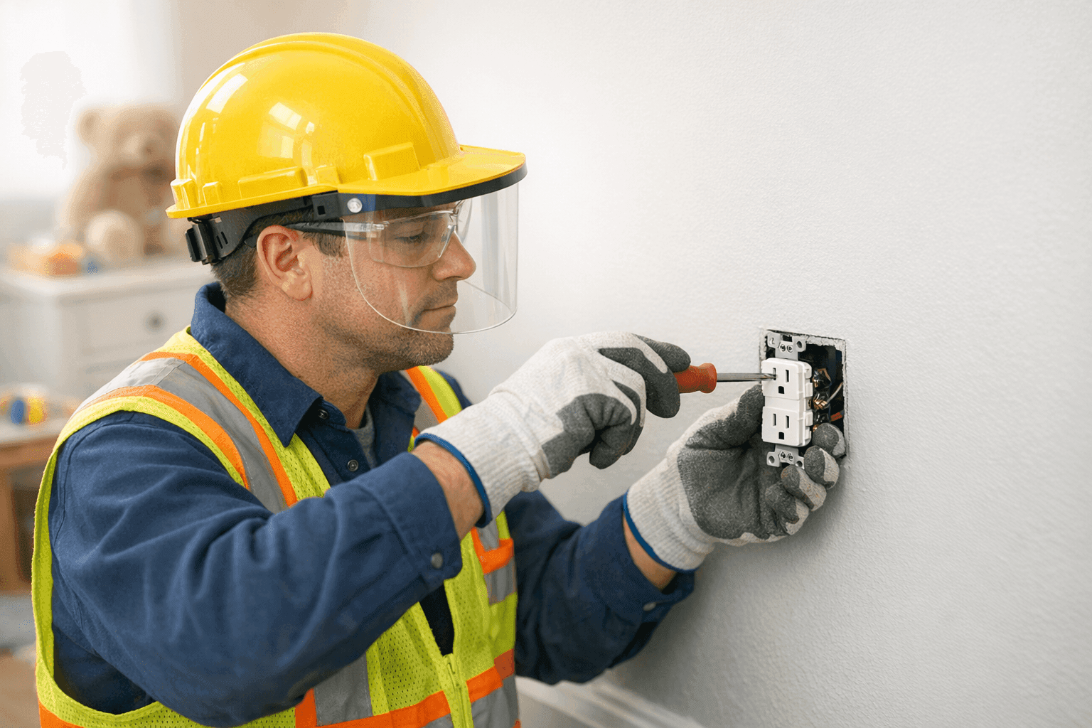 Electrician installing tamper-resistant outlets in a child’s bedroom