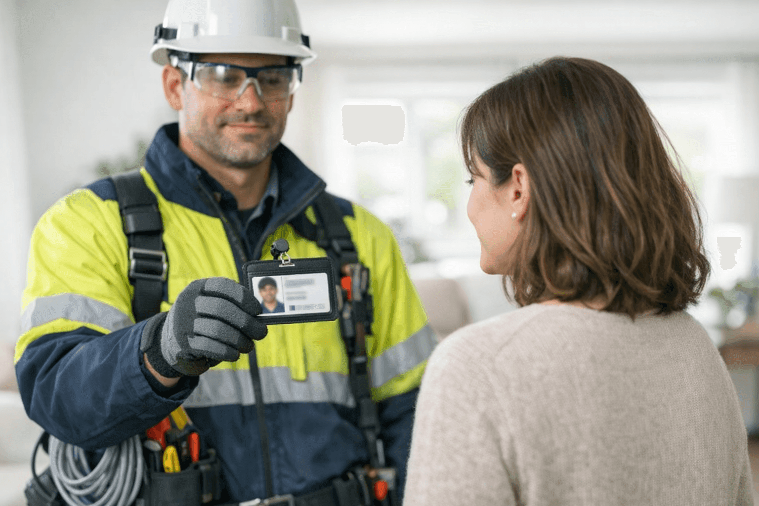 Electrician presenting credentials to a homeowner in living room