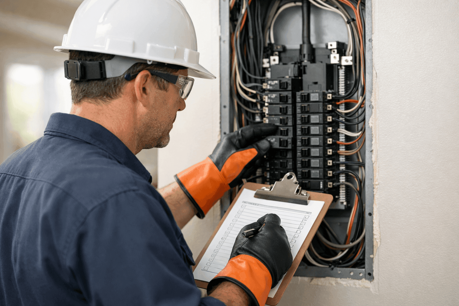 Electrician performing a full system maintenance check in a home