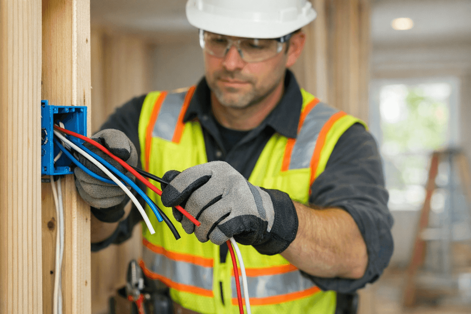 Electrician pulling new wires through home walls for rewiring