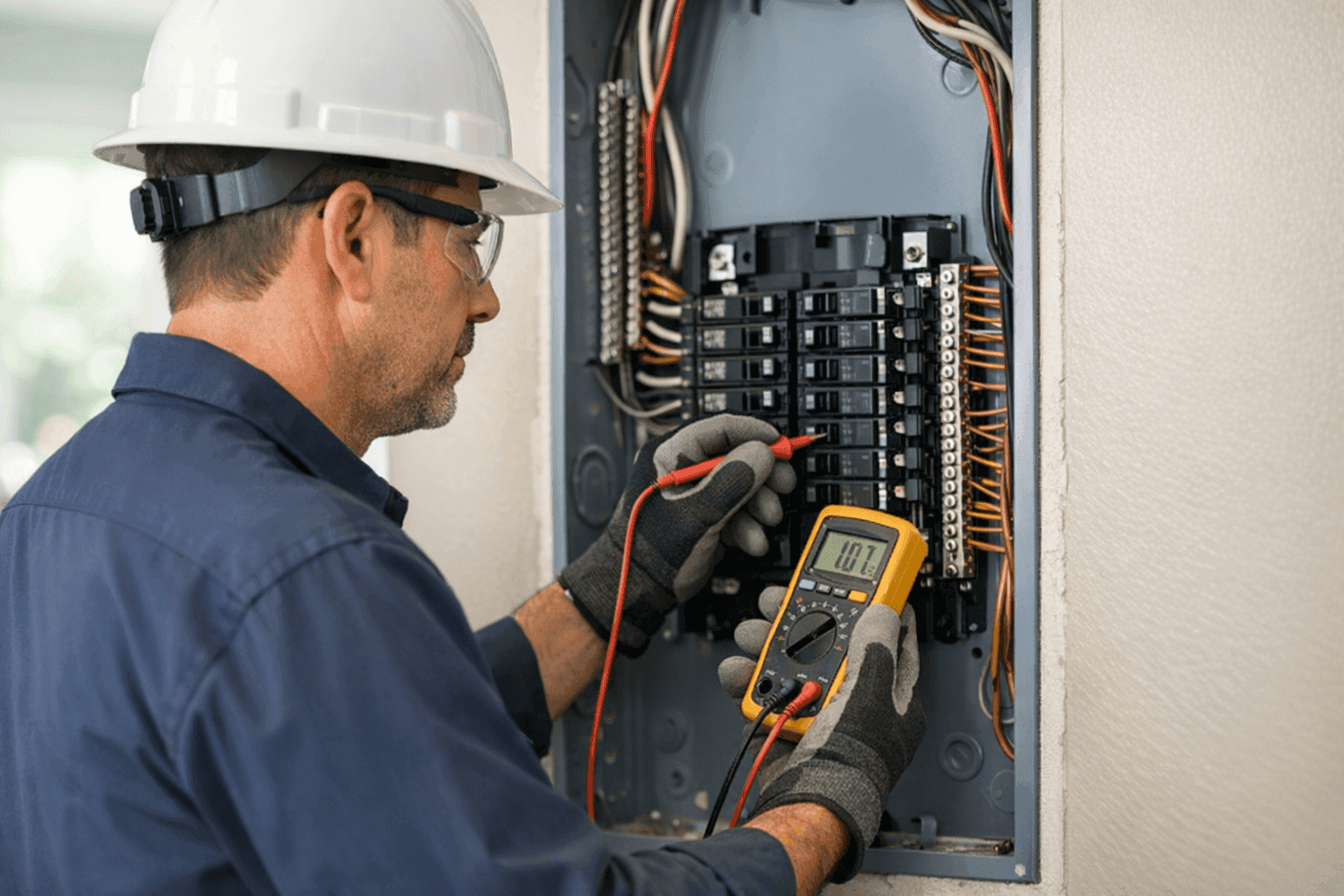 Electrician using a diagnostic tool on a home circuit breaker