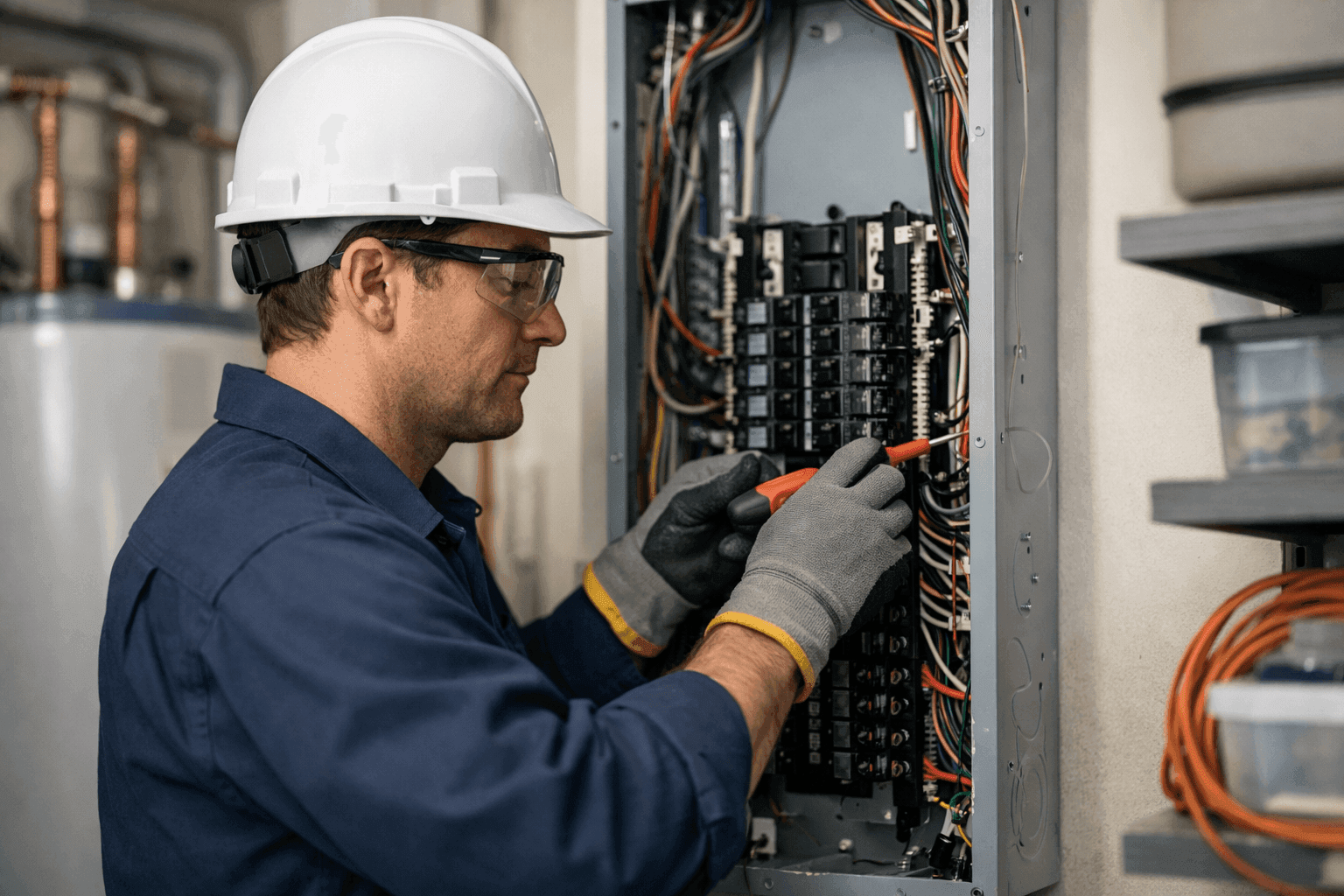 Electrician upgrading a residential electrical panel with safety gear