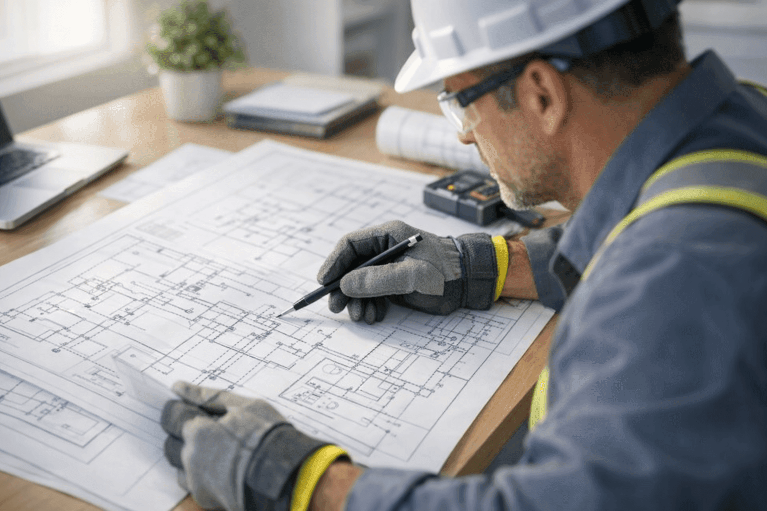 Electrician reviewing home electrical blueprints on a desk
