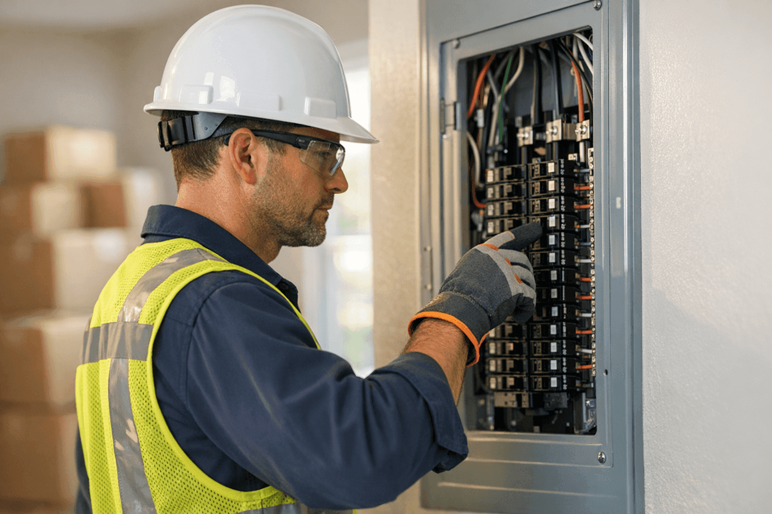 Electrician inspecting electrical panel in a new home