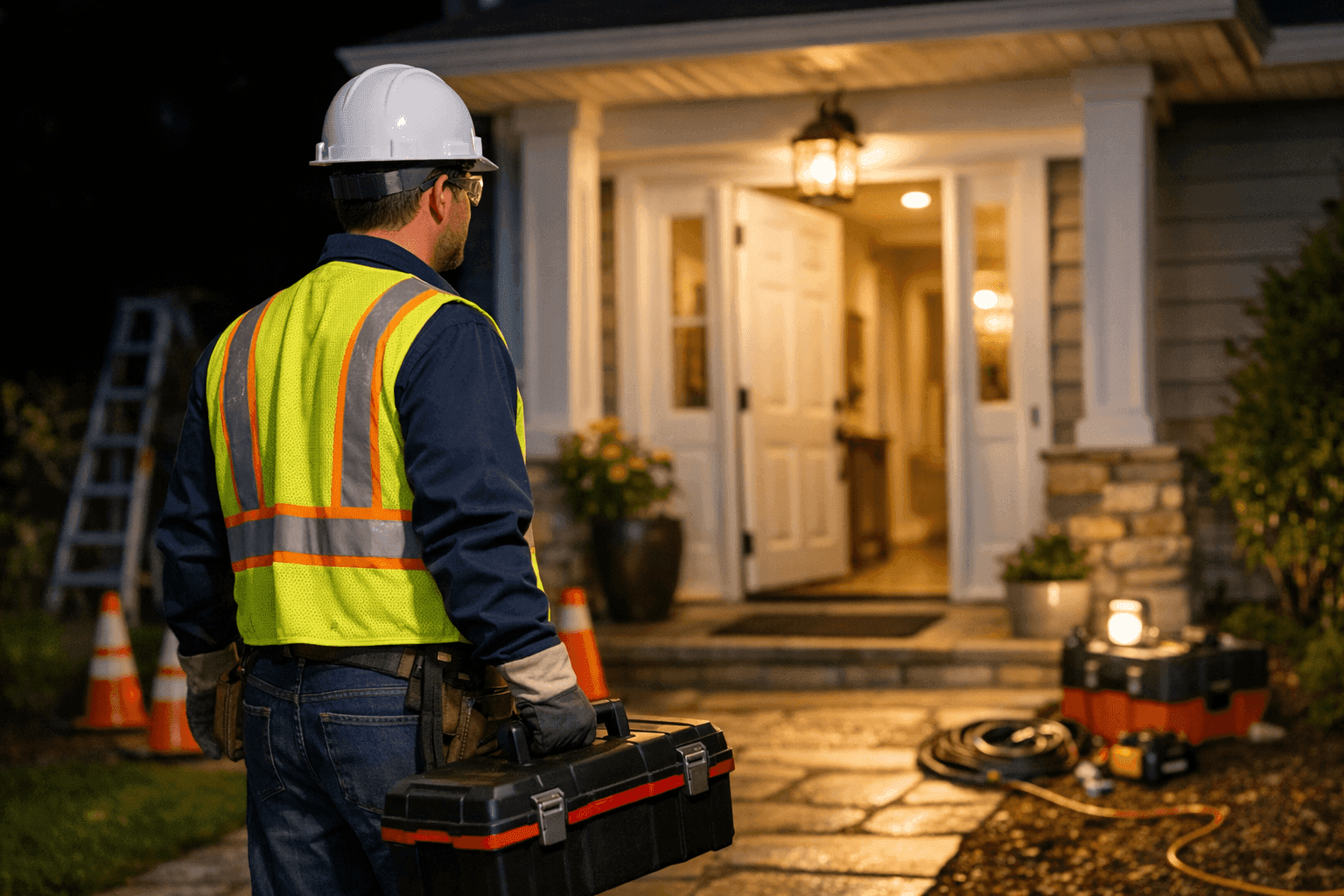 Electrician arriving for after-hours emergency electrical repair