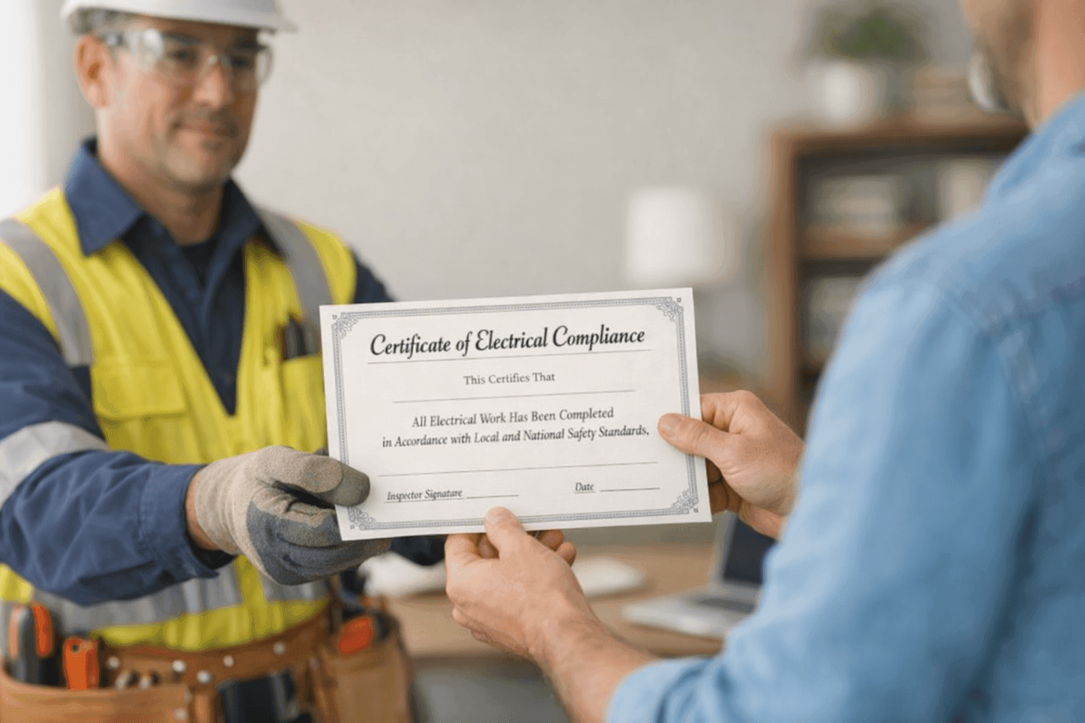 Electrician presenting a certificate of compliance in a home office
