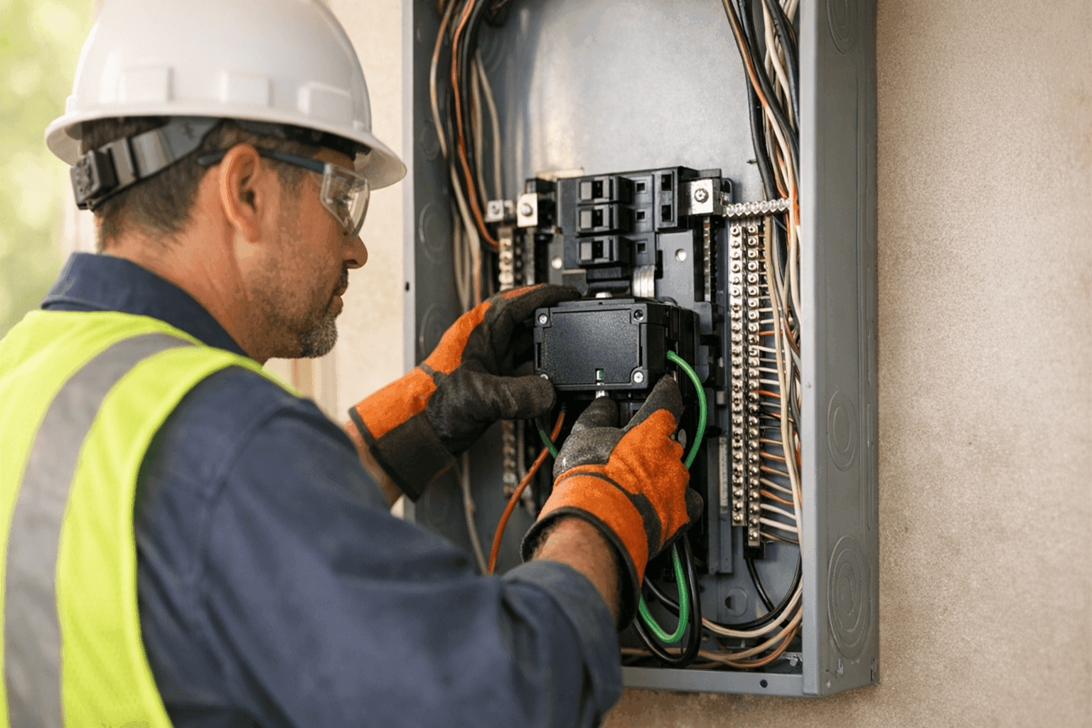 Electrician installing a whole-house surge protector in a panel