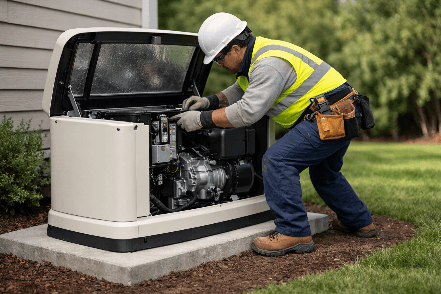 Electrician installing a standby home generator outside a house