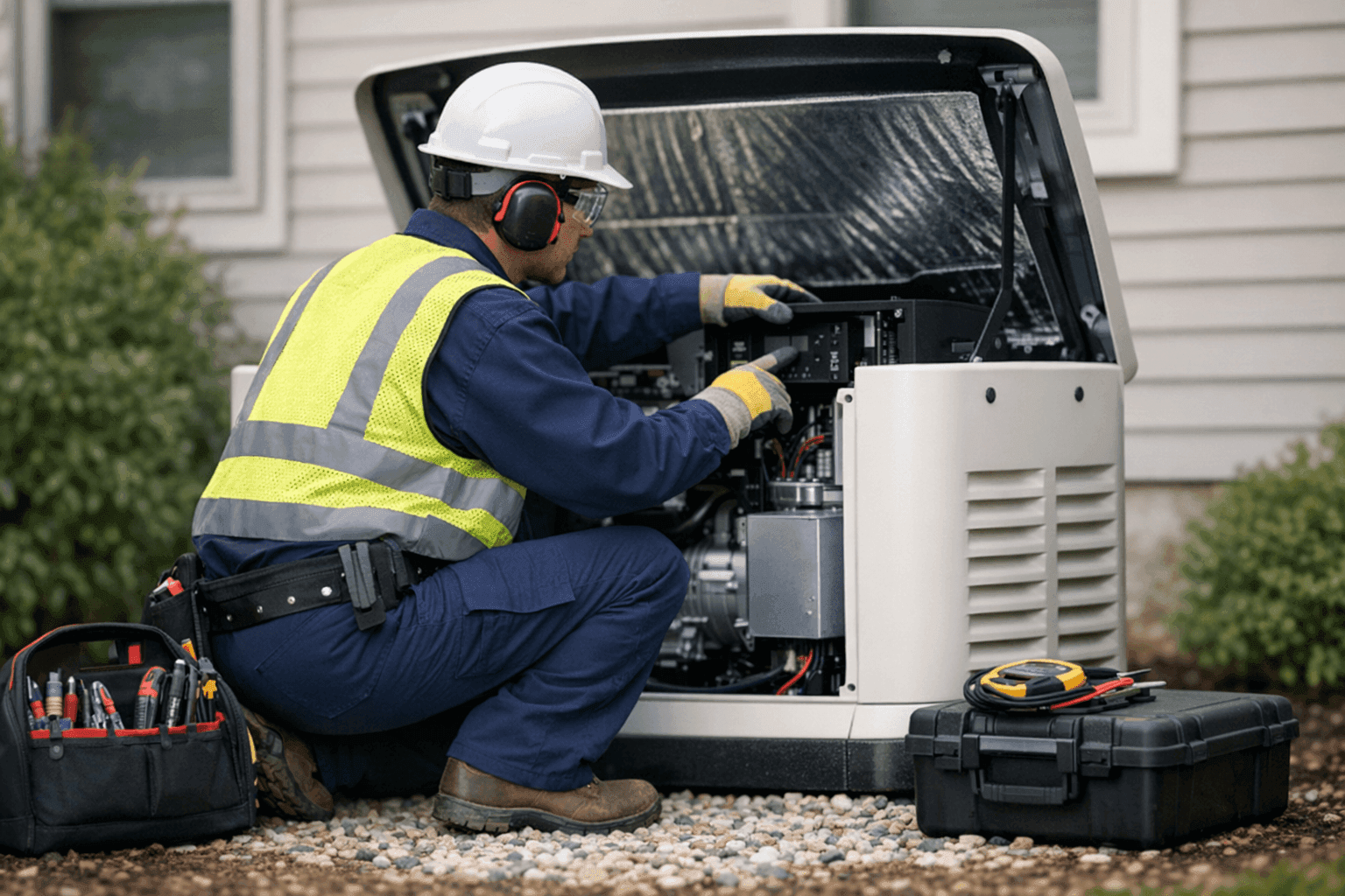 Electrician inspecting a whole-house generator beside a home