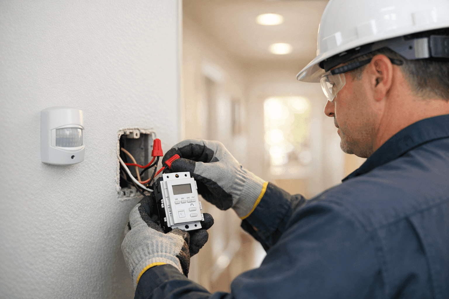Electrician installing a smart timer switch in a home hallway