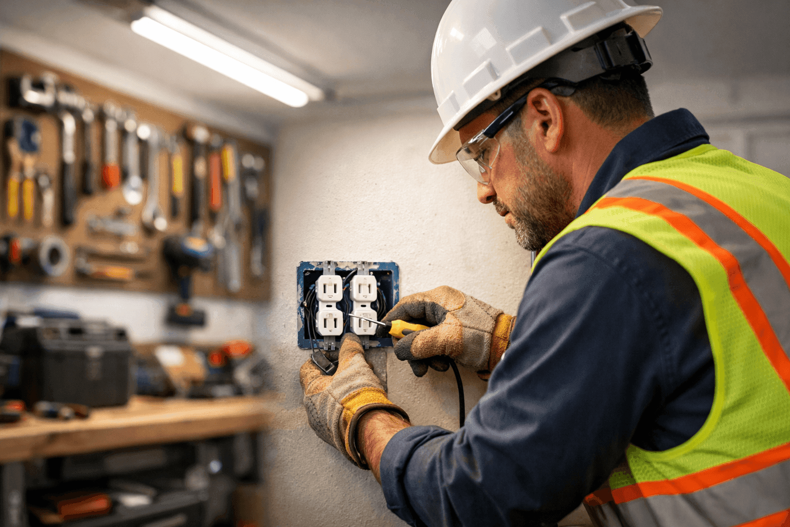 Electrician upgrading outlets and lighting in a garage workshop