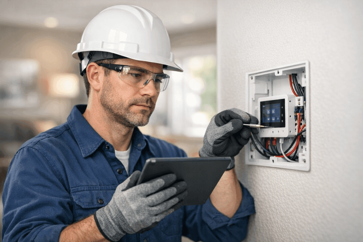 Electrician wiring a smart home hub in a modern living room