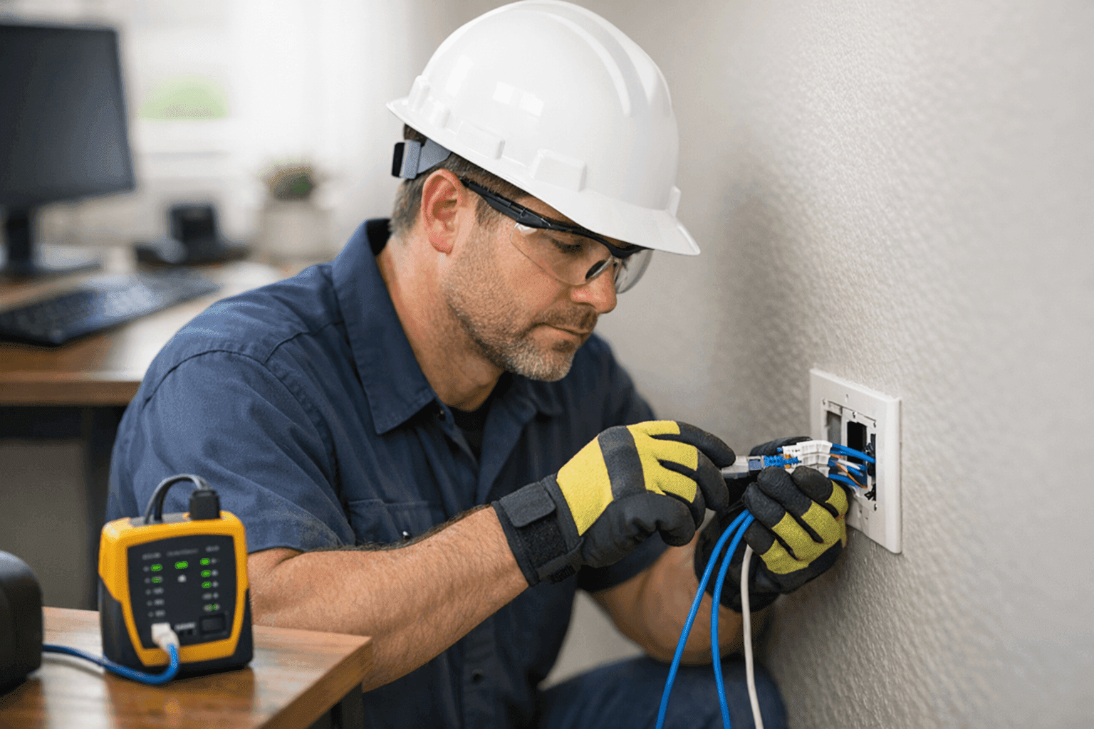 Electrician installing ethernet and phone cabling in a home office