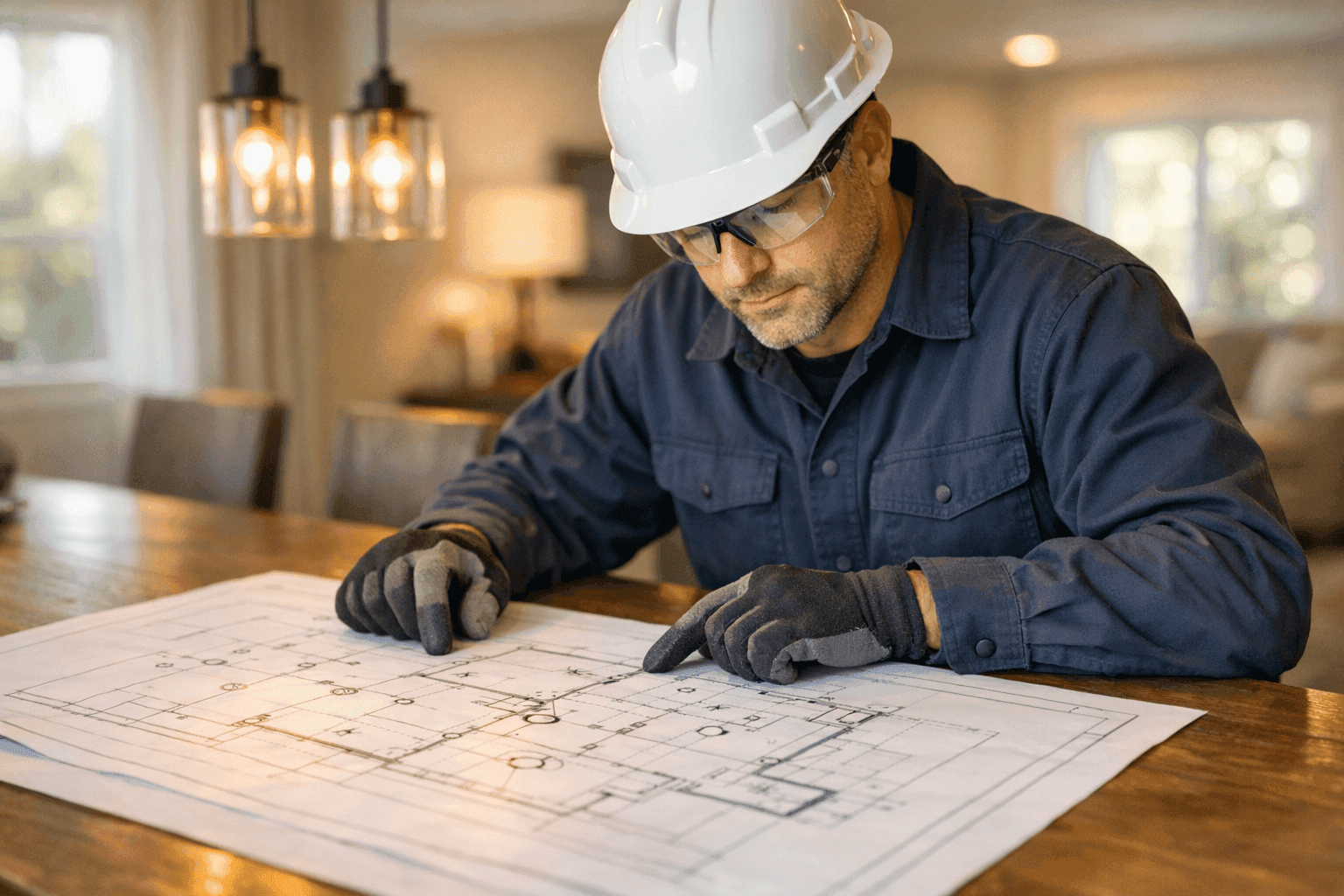 Electrician planning a lighting layout with blueprints