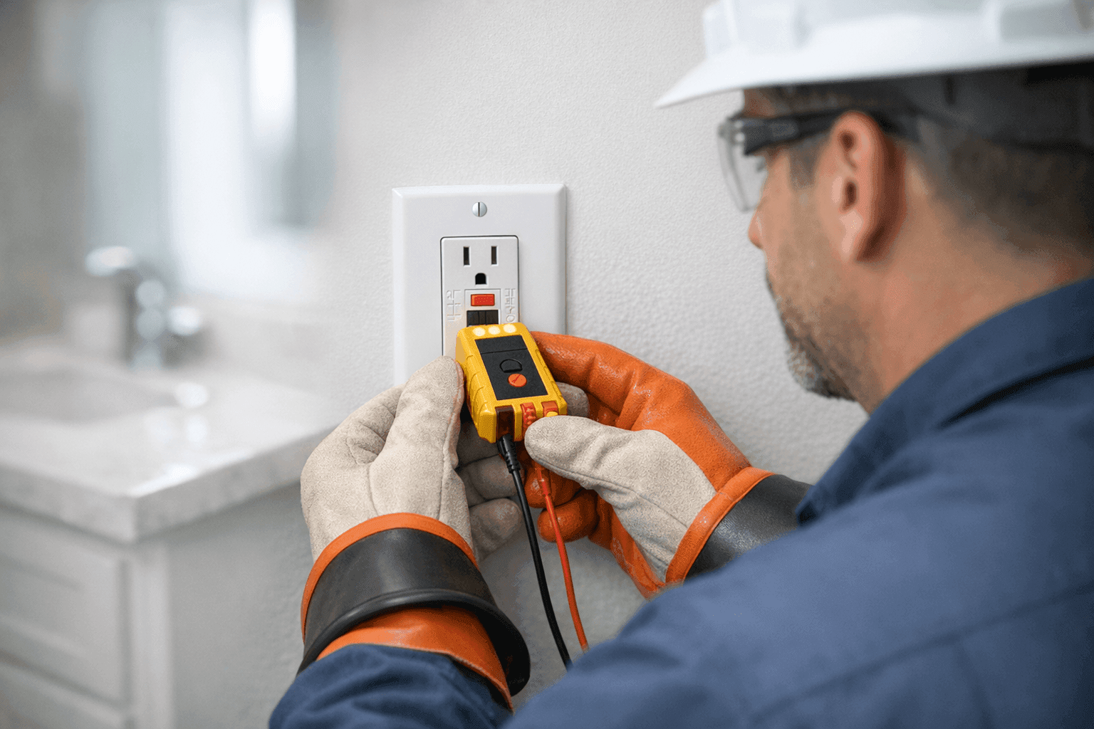 Electrician testing outlets in a bathroom for shock safety