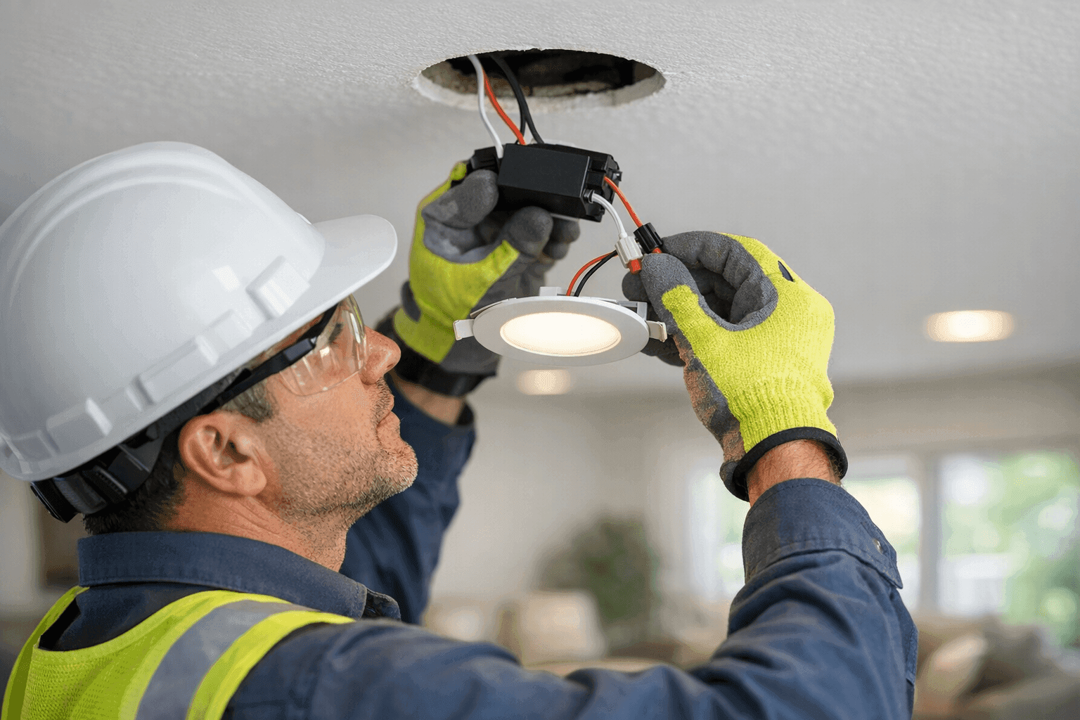 Electrician installing low voltage lighting in a living room