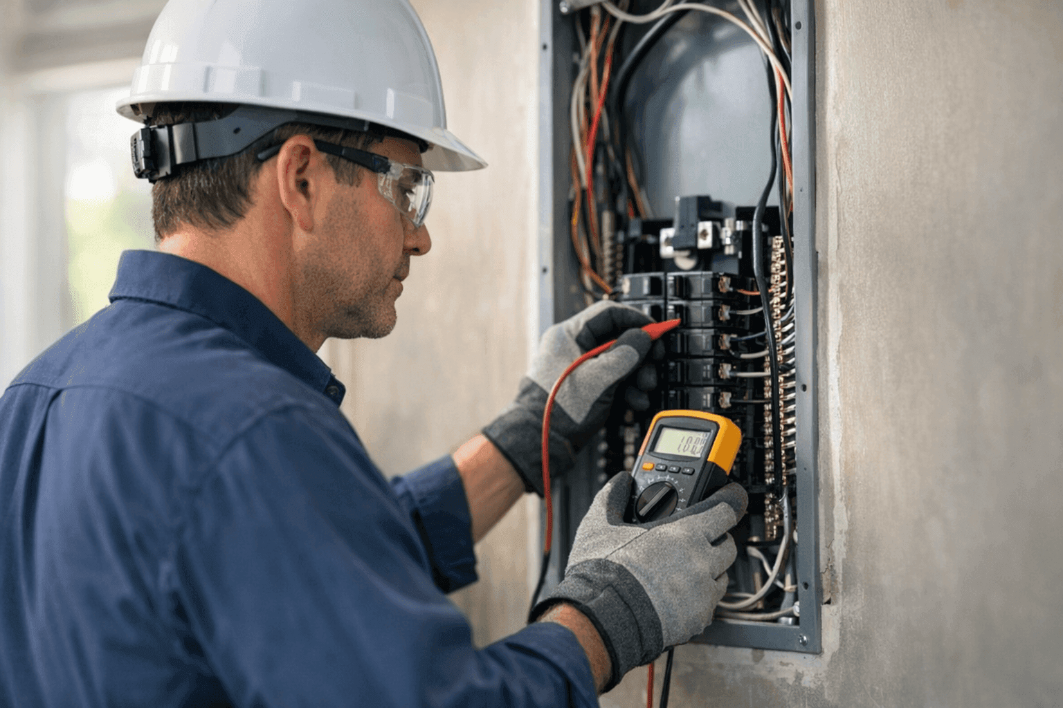 Electrician conducting a safety check on a home panel
