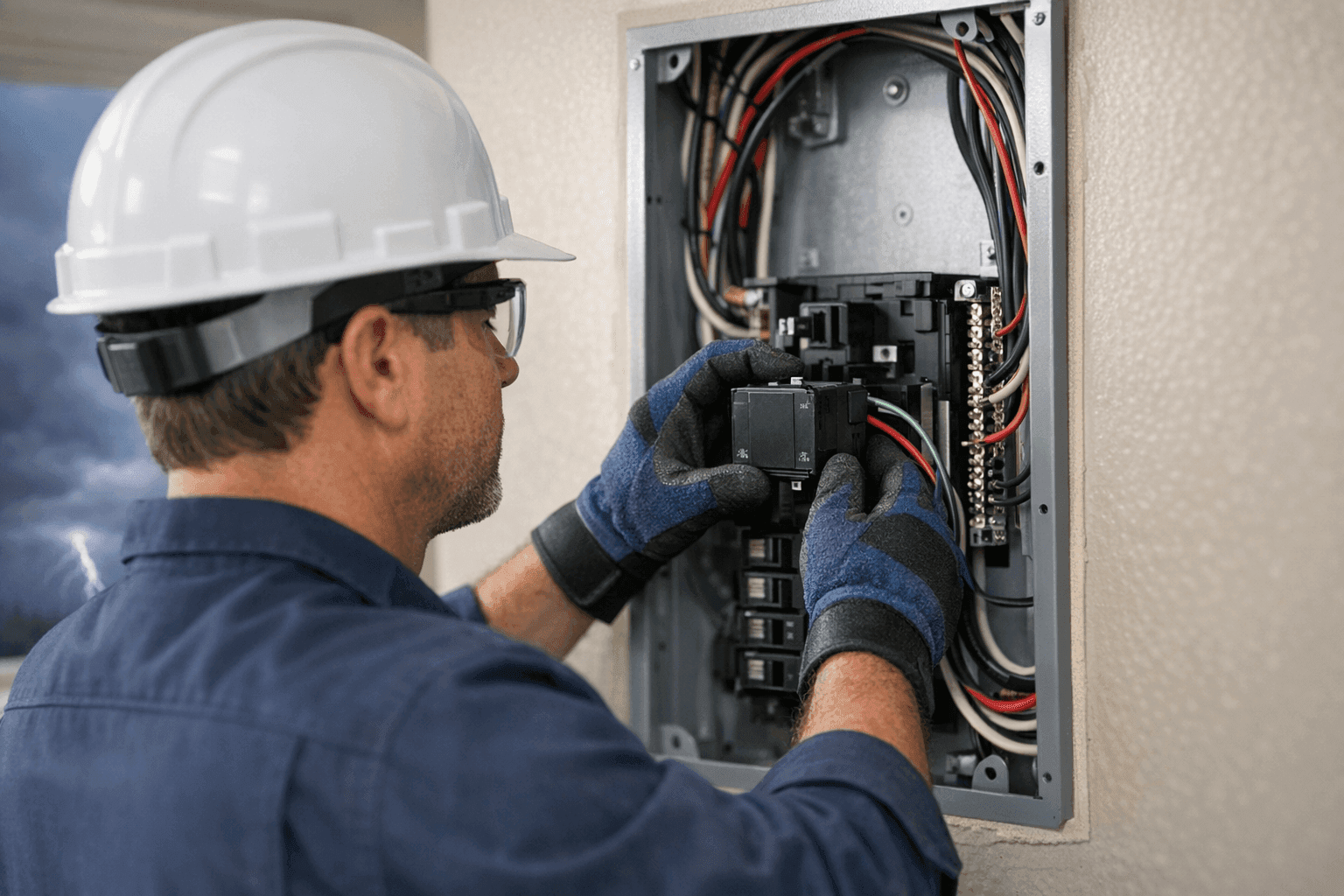 Electrician installing surge protector in a home electrical panel