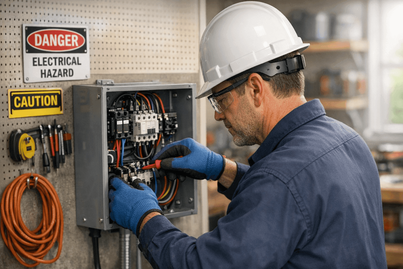 Electrician wiring a motor control panel in a home workshop