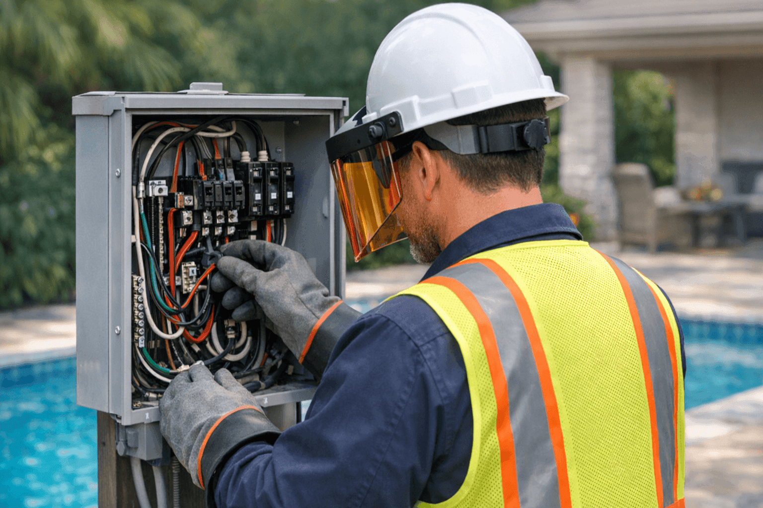 Electrician inspecting pool electrical panel and wiring outdoors