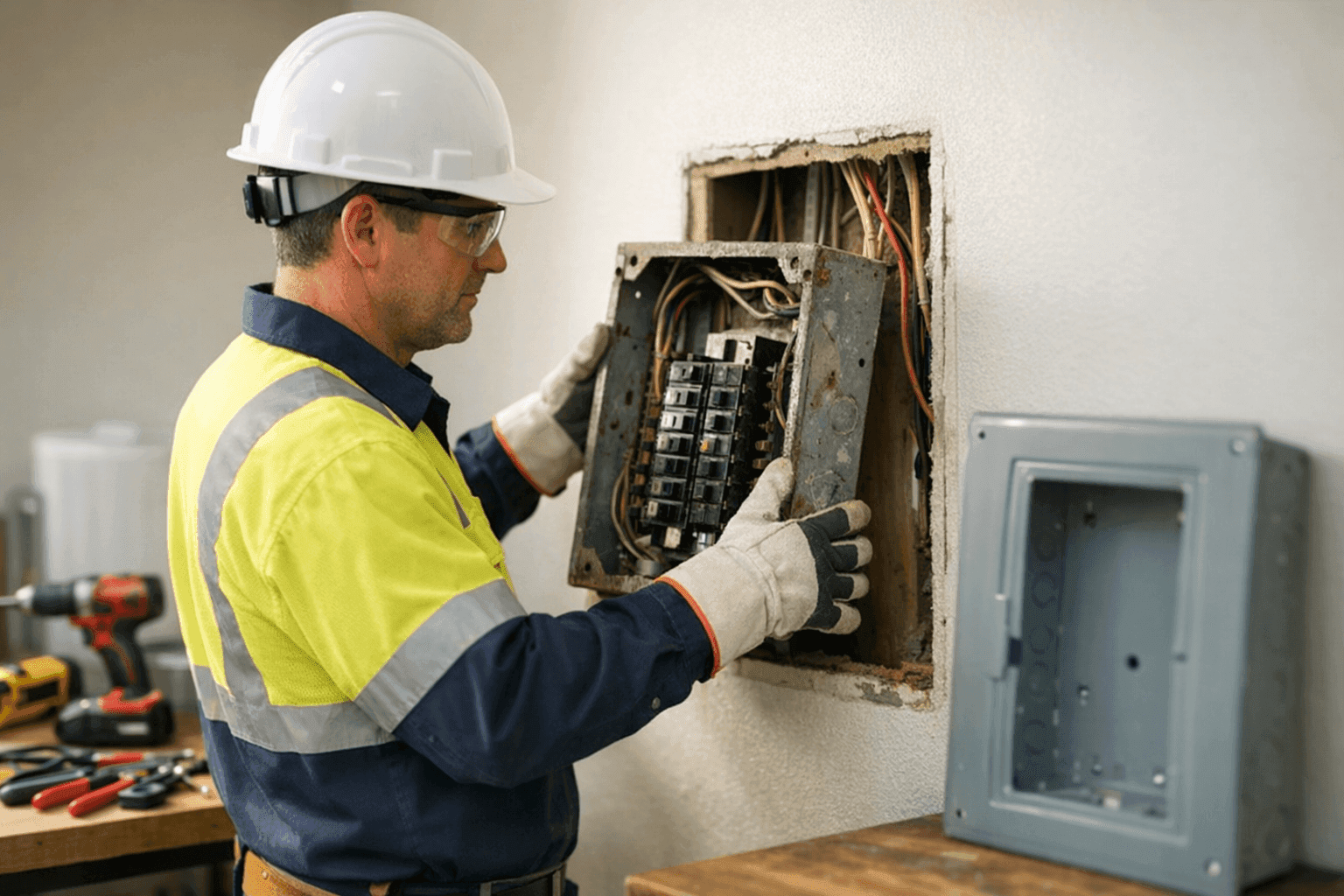 Electrician replacing a panel in a home utility room
