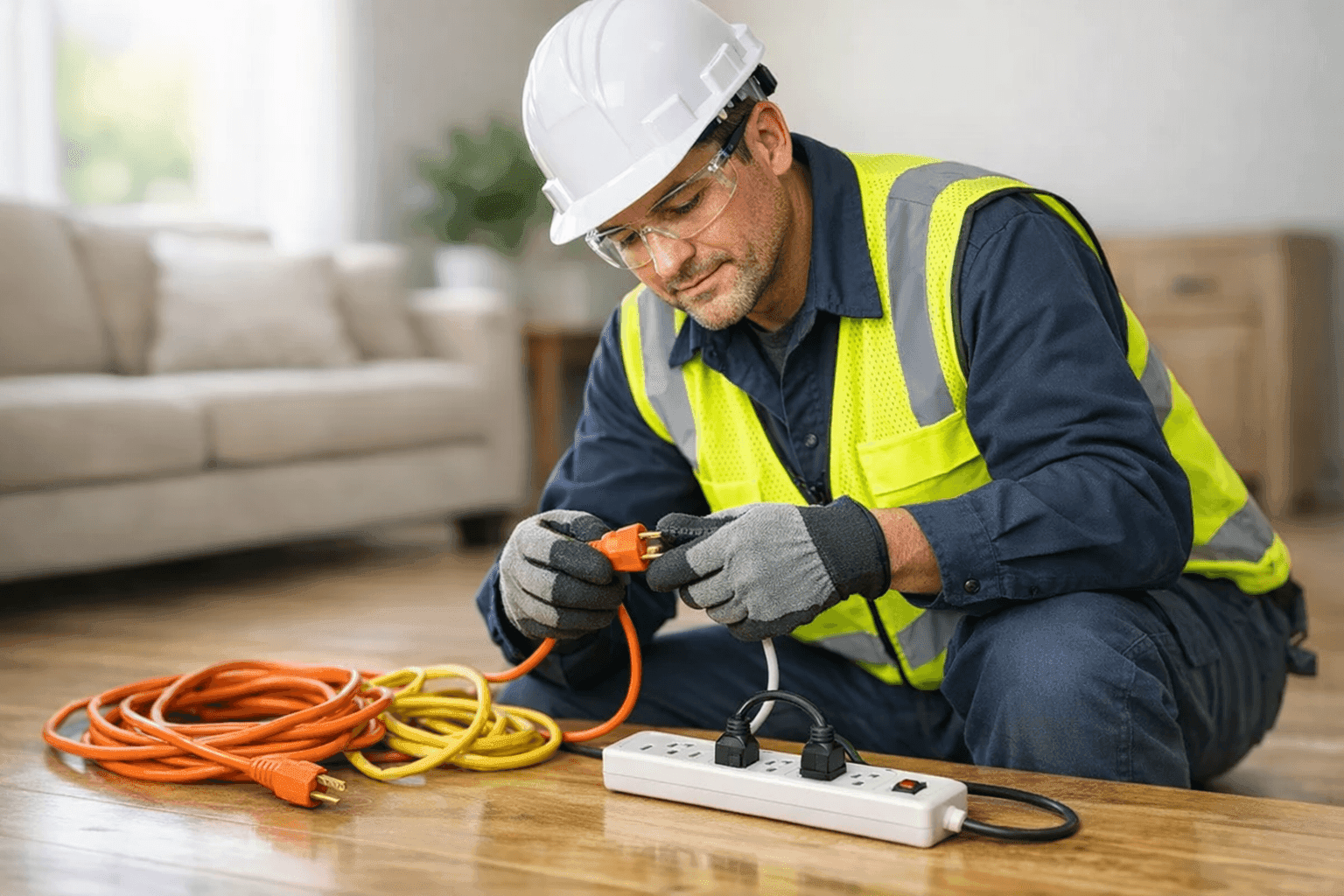 Electrician inspecting extension cords for safety in a home