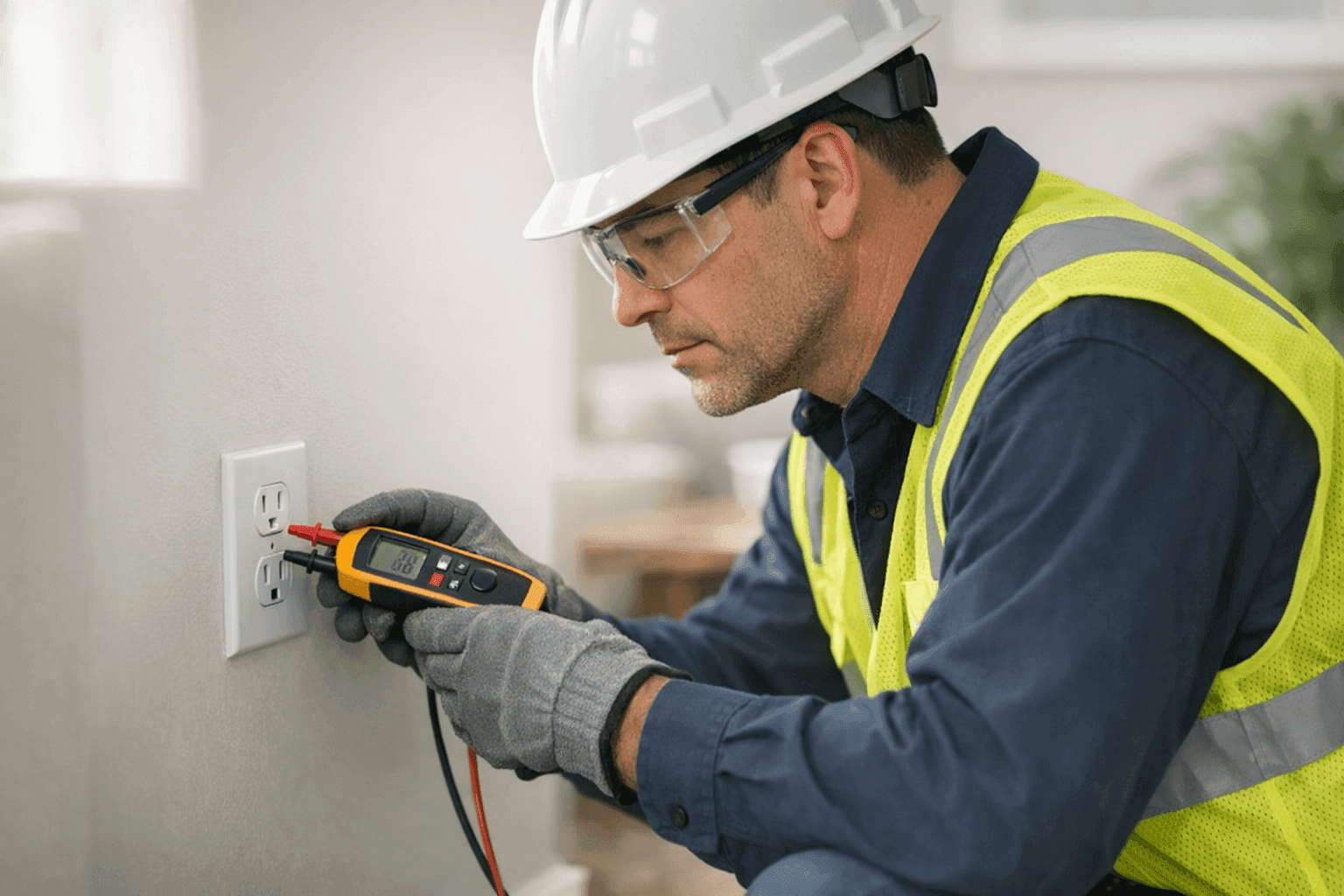Electrician examining outlets for safety inspection in a home