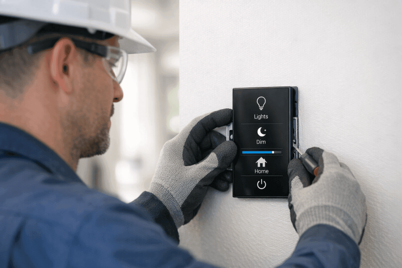 Electrician installing smart light switches in a home hallway