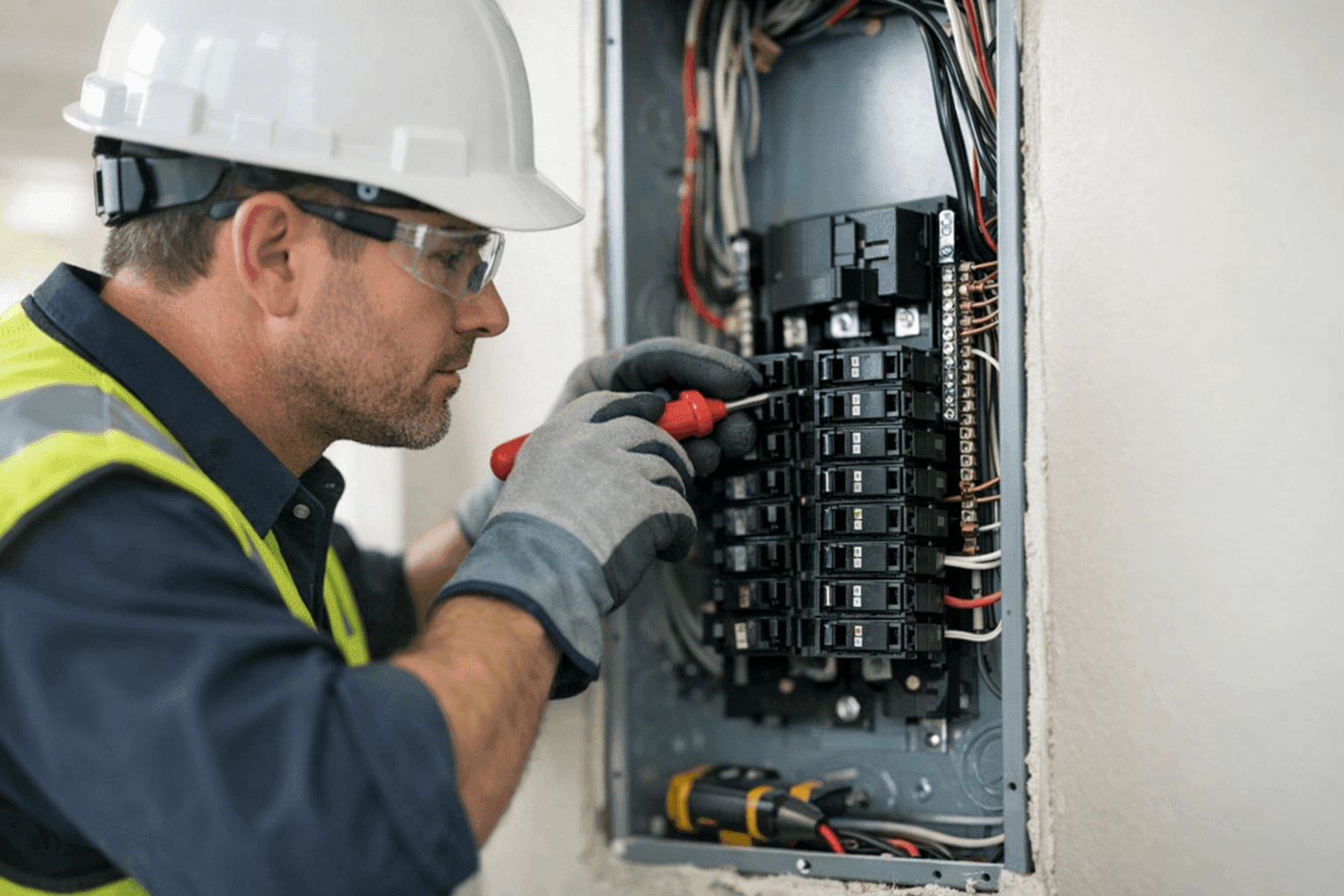 Electrician repairing breakers in a home electrical panel
