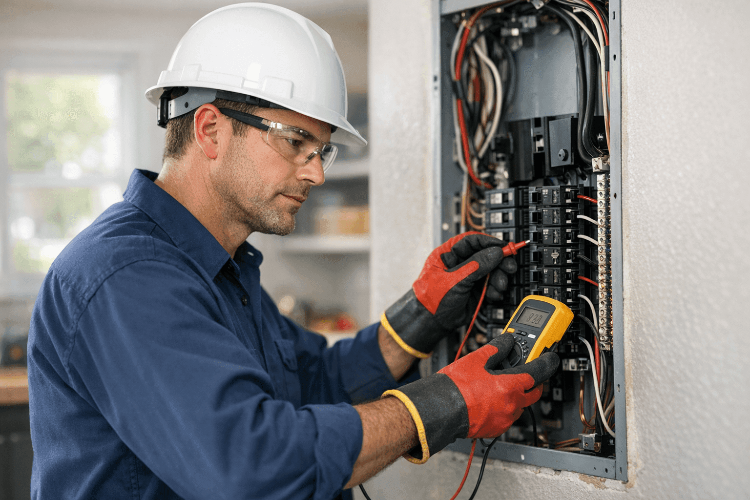 Electrician inspecting and repairing a home breaker panel