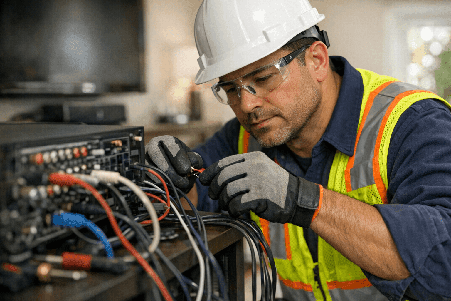 Electrician repairing low voltage wiring in a home theater