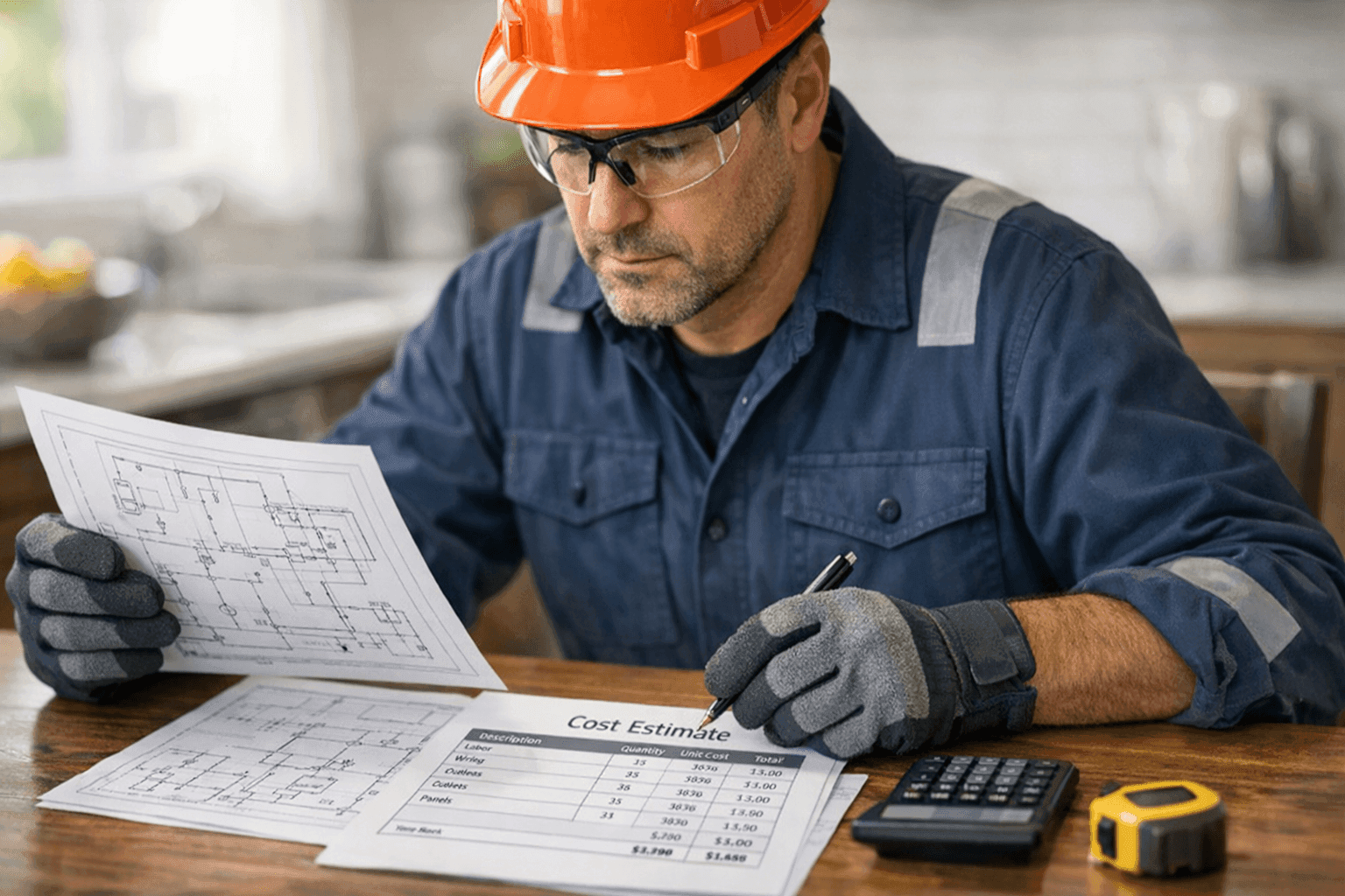 Electrician reviewing cost estimates and plans for a home electrical project