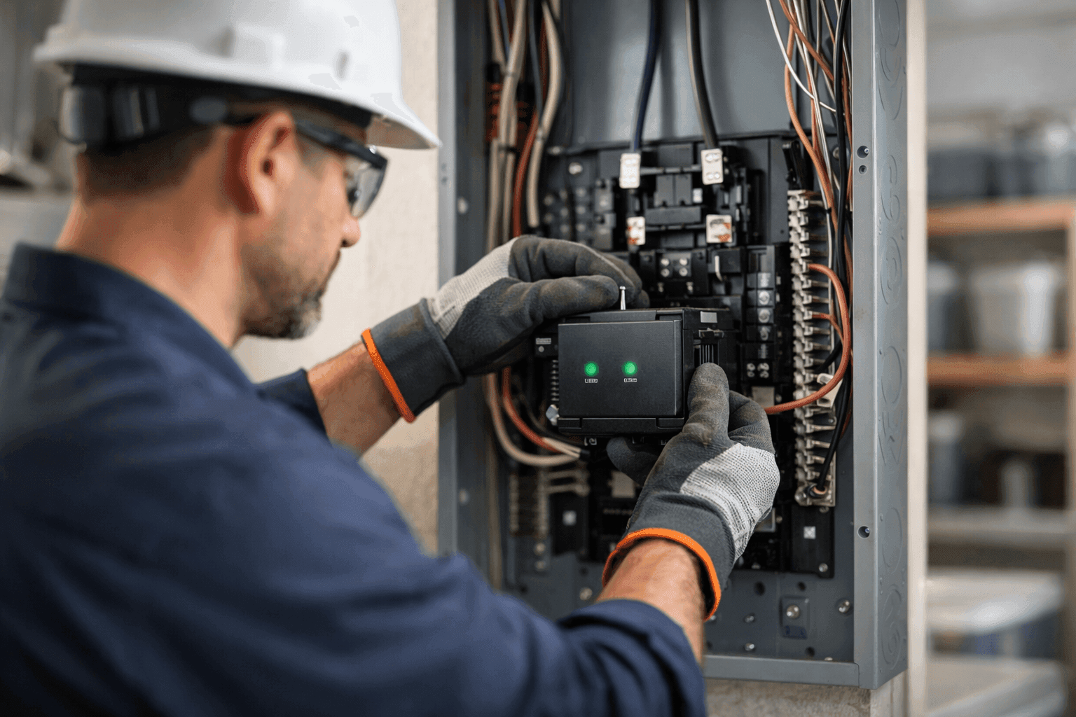 Electrician installing a surge protection device in a home electrical panel