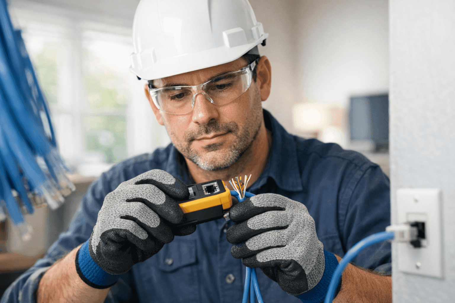 Electrician installing ethernet cabling in a home office
