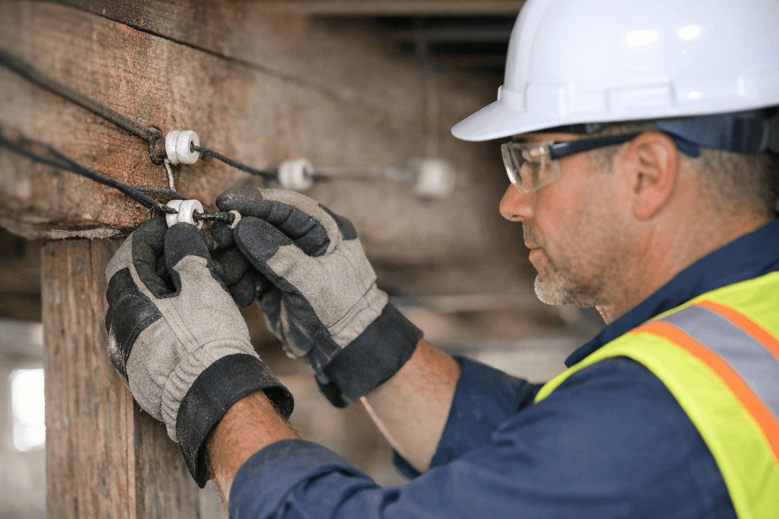Electrician inspecting old wiring in a vintage home